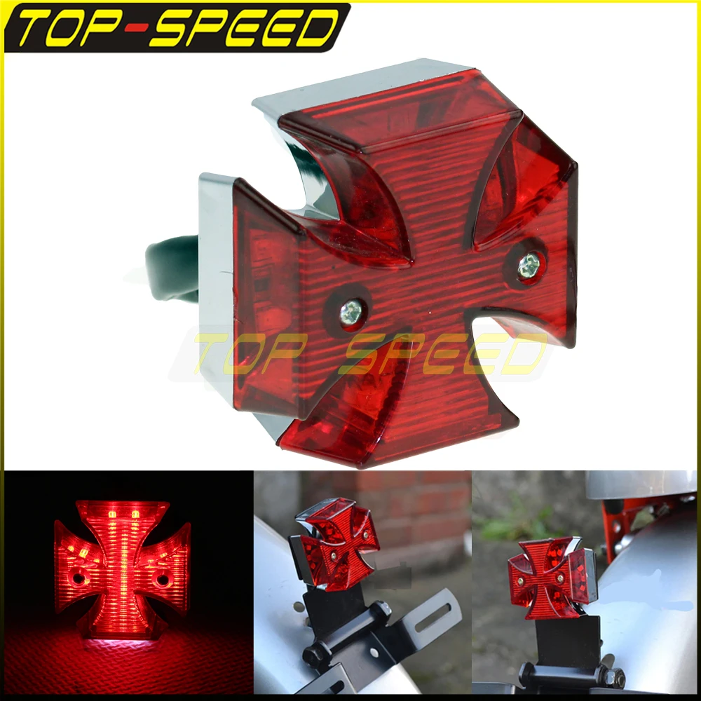 12V LED Maltese Cross Brake Stop Light Motorcycle Rear Red License Plate Light For Chopper Dirt Bike Dual Sport Bike Off Road