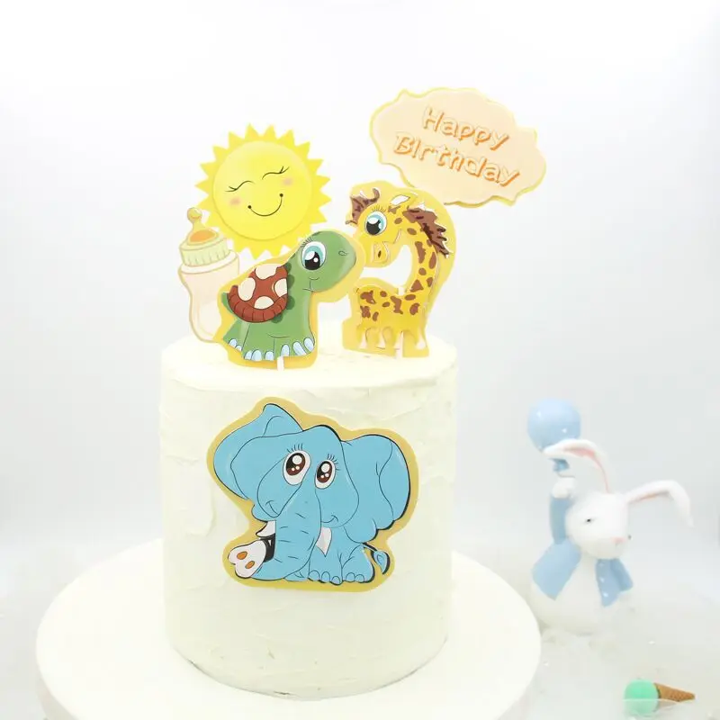 Happy Birthday Cake Topper Tortoise Giraffe Elephant Anniversaire Decor Flag DIY Baking Supplies Cupcake Toppers Baby Shower New