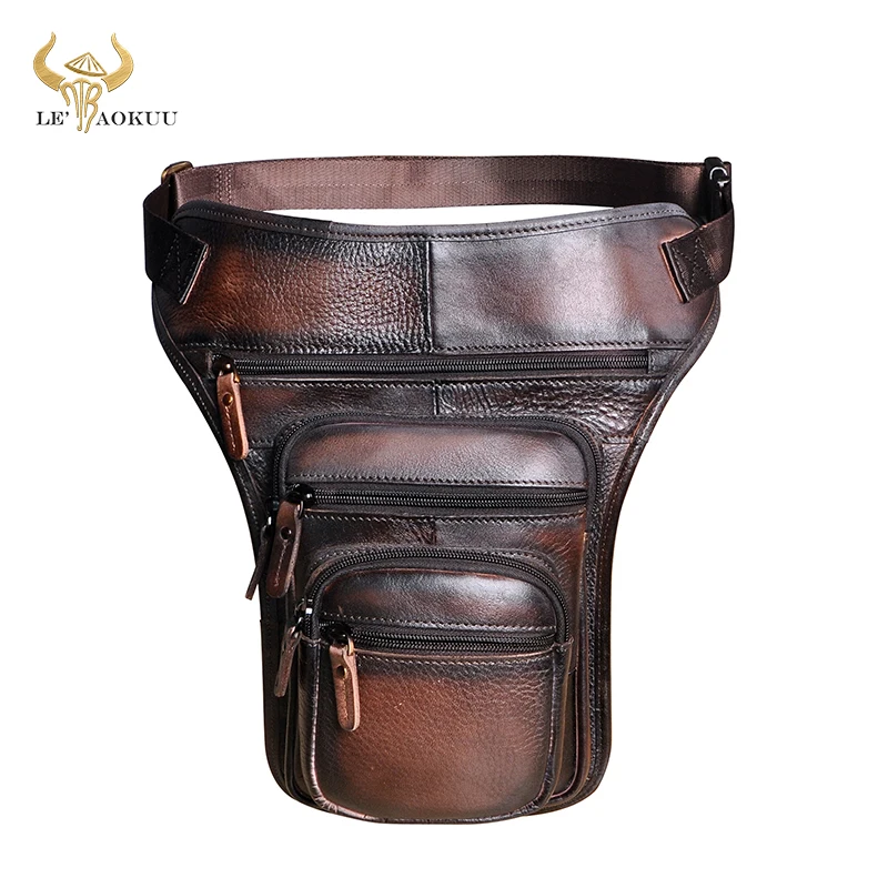 Hot Sale Original Leather Design Men Blue Messenger Mochila Bag Fashion Organizer Fanny Waist Belt Pack Drop Leg Bag Male 3111-c