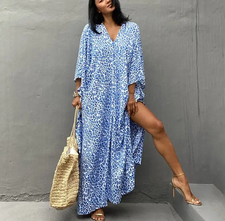 

TEELYNN 2021 Leopard Print Cover Up Robe Vintage Cotton Beach Dress for Women Beachwear Boho Dresses Cover Up Boho Vestidos