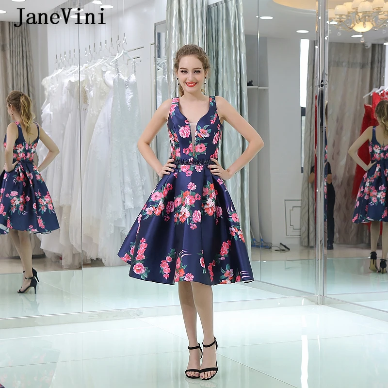 

JaneVini Sexy V Neck Floral Print Short Homecoming Dresses Satin Sleeveless Beaded Knee Length Graduation Prom Gowns Robe Courte