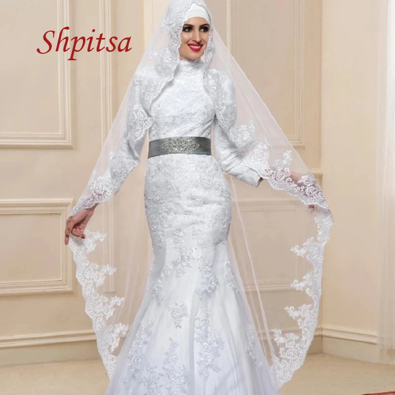 Long Sleeve Lace Wedding Dresses Mermaid Muslim Dubai Arabic Tulle Plus Size White Ivory Women Girl Weeding Bride Bridal Dress