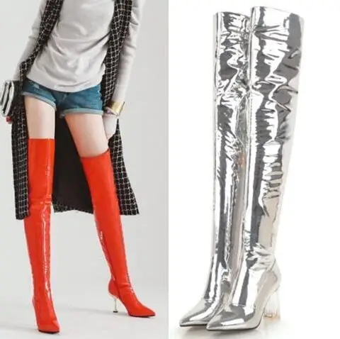 Hot Woman Transparent Heels Mirror Patent Leather Thigh High Boots Pointed Toe Over The Knee Boots Black Red Sliver White