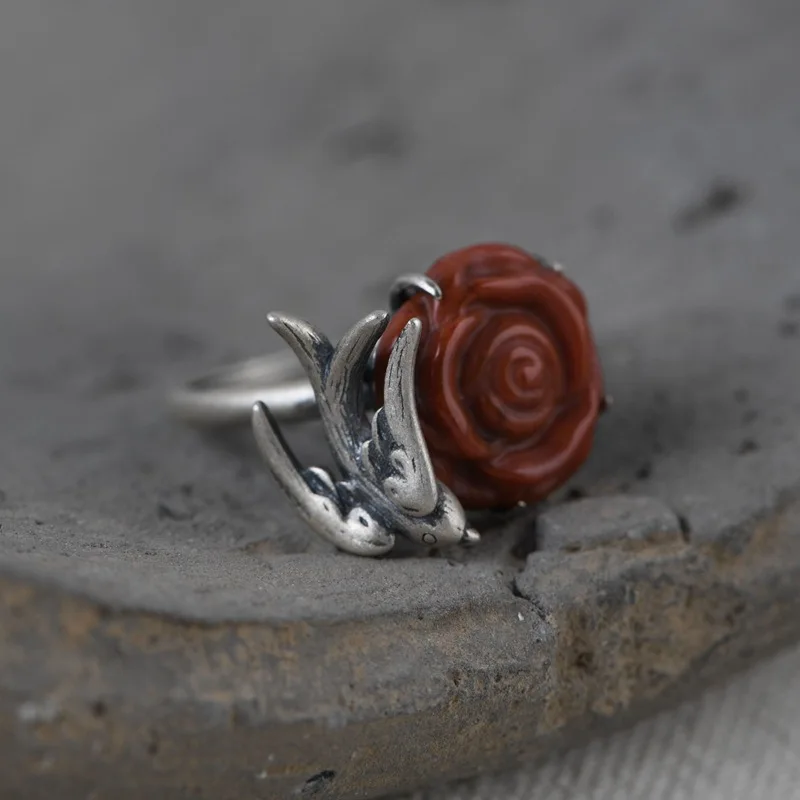 FNJ 925 Silver Ring for Women Jewelry 100% Original Pure S925 Sterling Silver Rings Swallow Natural Red Agate Flower