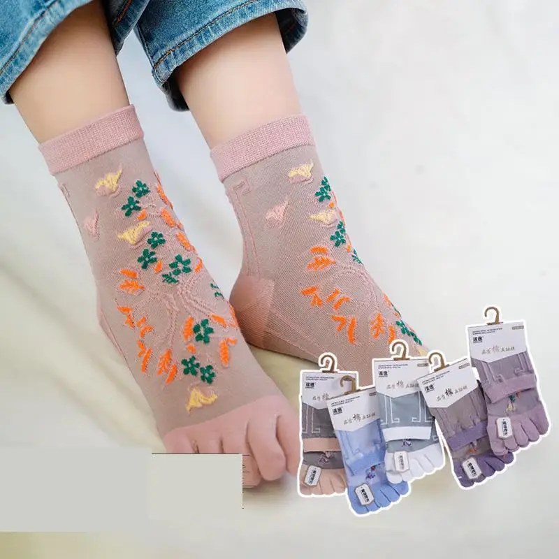 5 Pairs Set Female Five Toe Socks Women Ankle Separate Toes 5 Finger Socks With Flowers Kawaii Gift For Girl