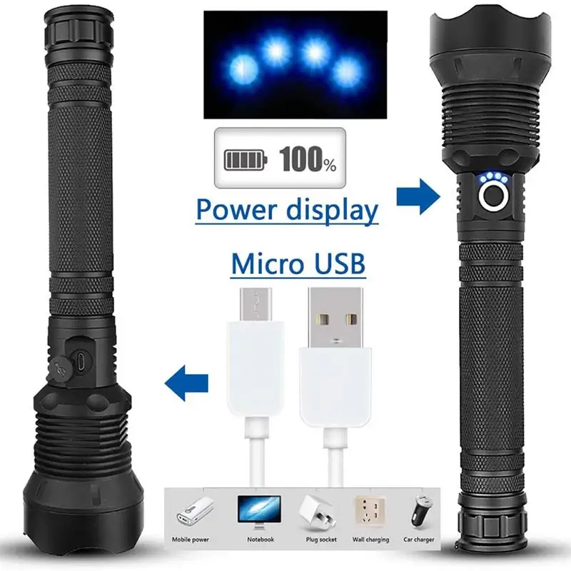 2020 New Power Light Zoom XHP-70 LED Flashlight USB Rechargeable Flashlight 20W Indicator Tactical Light Use 18650/26650 Battery