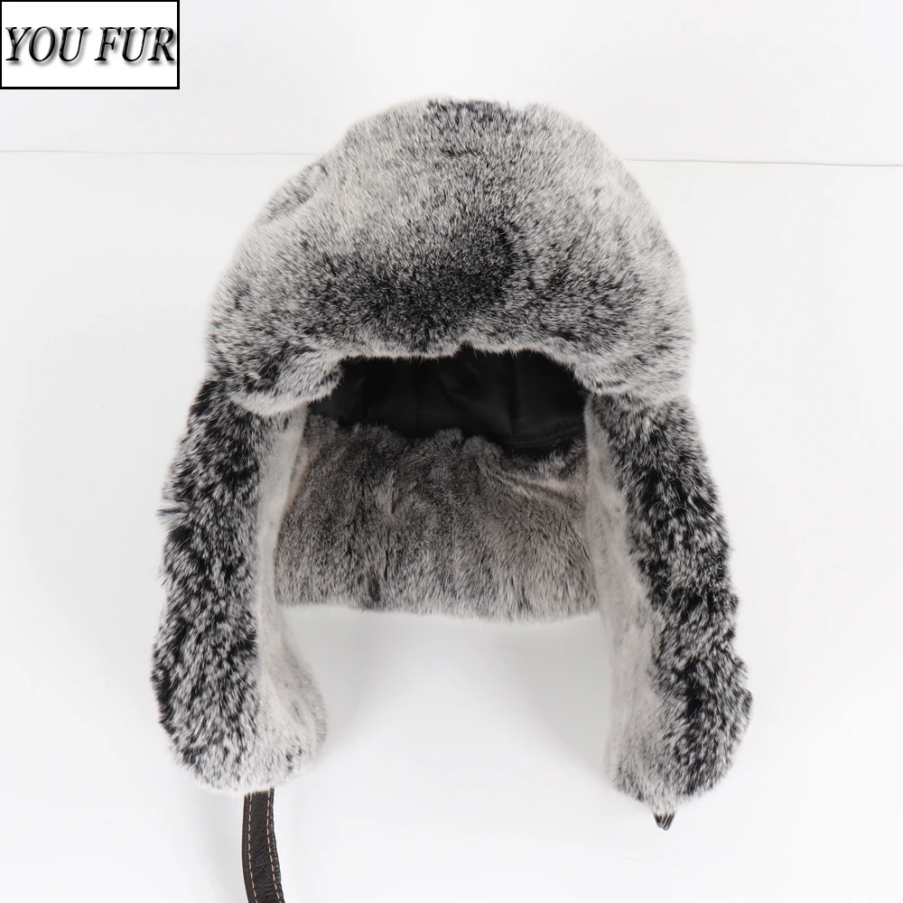 

Hot Sale Outdoor Fluffy Natural Fur Bomber Hats Winter Russian Male Warm Real Rex Rabbit Fur Hat Men Real Sheep Skin Leather Cap
