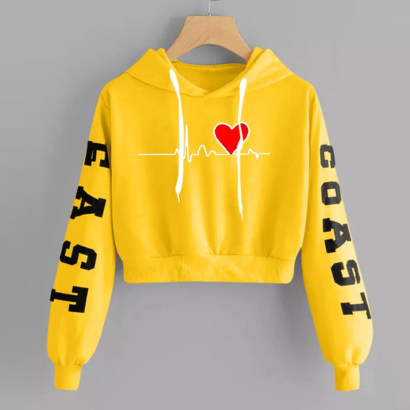 Letter Heart Print 90s Hoodie Woman Sweatshirt R Print Long Sleeve Short Tops Round Neck Sweatshirt Hooded Casual Daily Wear