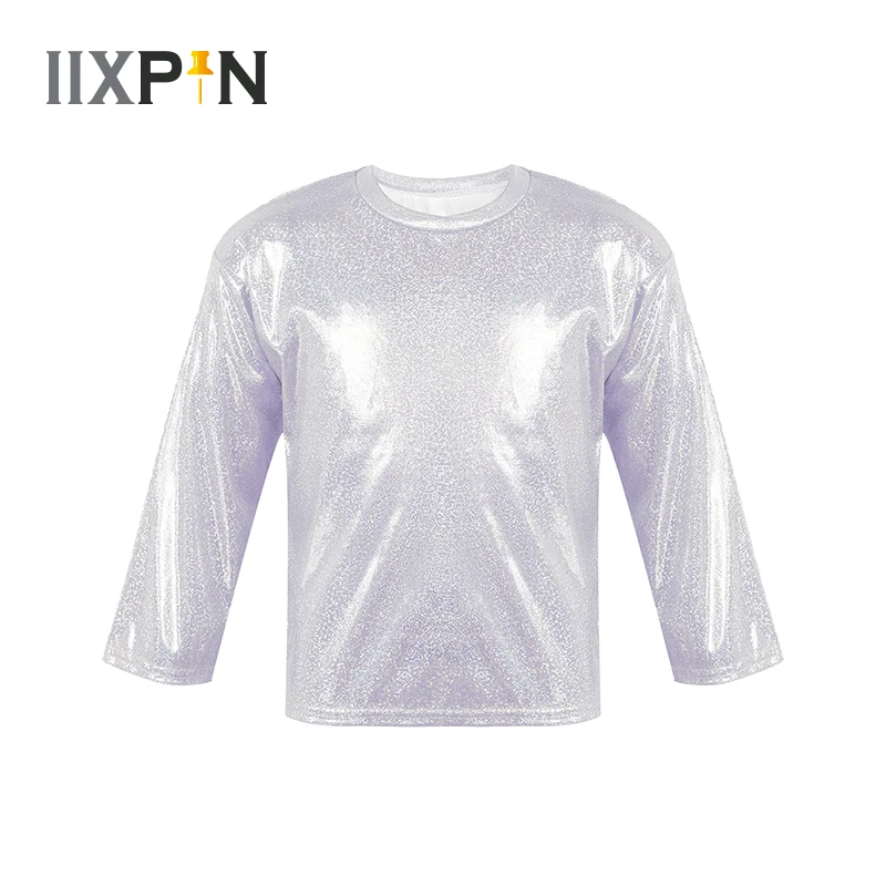 

Child Kids Dance Top Shiny Metallic Bronzing Cloth T-shirt Jazz Dance Wear Long Sleeve Loose Tops For Dancing Performance Party