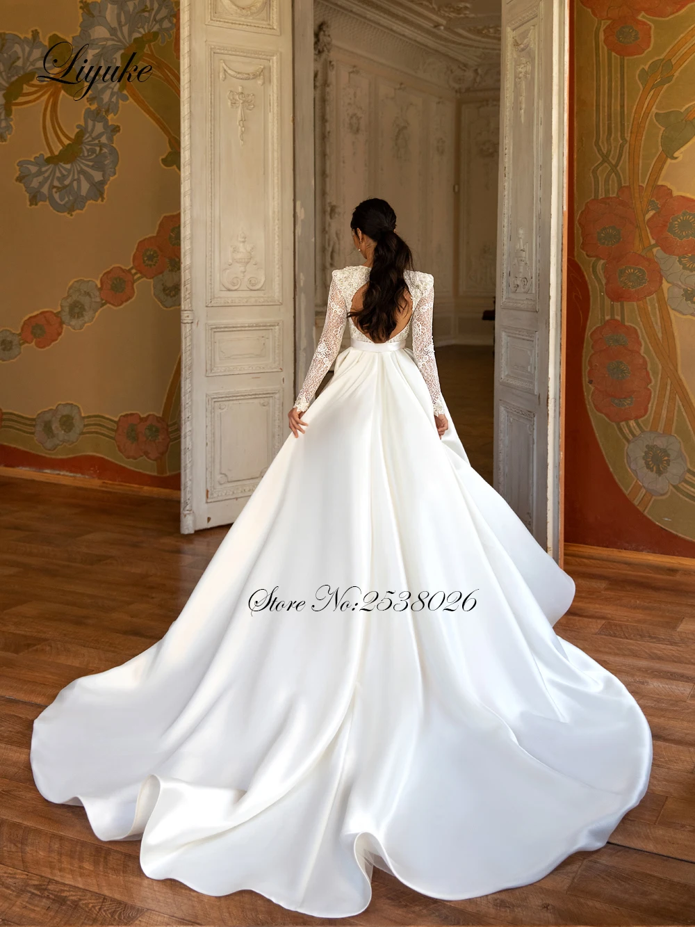 Liyuke Custom Made Luxury A Line Wedding Dress White Color Stain Skirt With Sexy V Neckline Full Sleeve Bridal Dress Backless