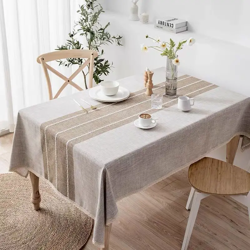 Grey Beige  Decorative Linen Striped Tablecloth With Lace Waterproof Thick Rectangular Home Dining Table Cover Tea Cloth