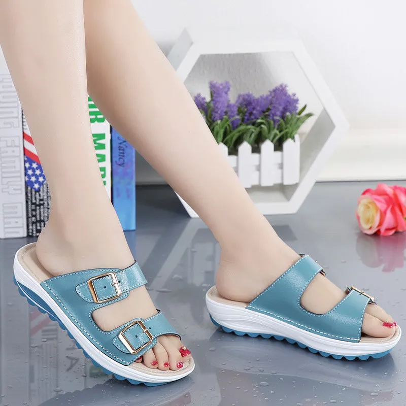 Genuine Leather Womens Sandals Summer Beach Shoes Women Slipper Plus Size Buckle Slide Sandals Comfort Thick Sole Slippers Wedge