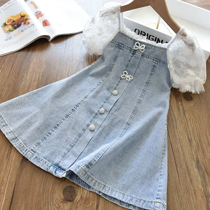 2022 Summer Girls Temperament Dress New Pearl Seersucker Sleeves Stitching Soft Denim A-Line Dresses Children\'S Fashion Clothing