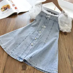 2022 Summer Girls Temperament Dress New Pearl Seersucker Sleeves Stitching Soft Denim A-Line Dresses Children'S Fashion Clothing