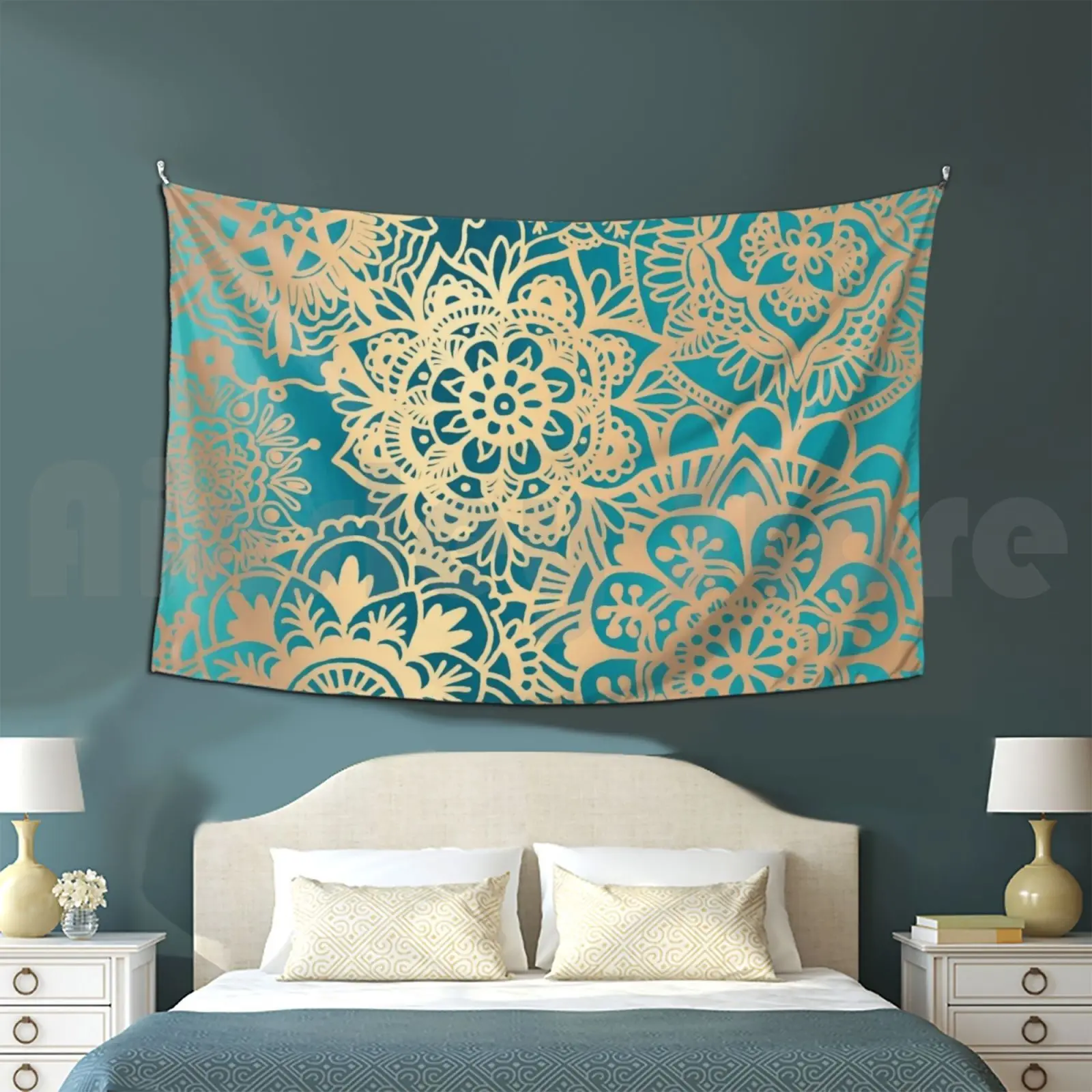 Teal Green And Gold Mandala Pattern Tapestry Background Wall Hanging Teal Green Gold Mandala Pattern Patterns Mandala