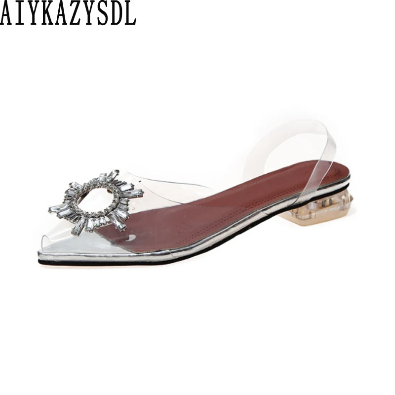 AIYKAZYSDL Women Flat Heel Clear Transparent Perspex Shoes Pointed Toe Rhinestone Flats Cuban Heels Sandals Slingback Plus Size
