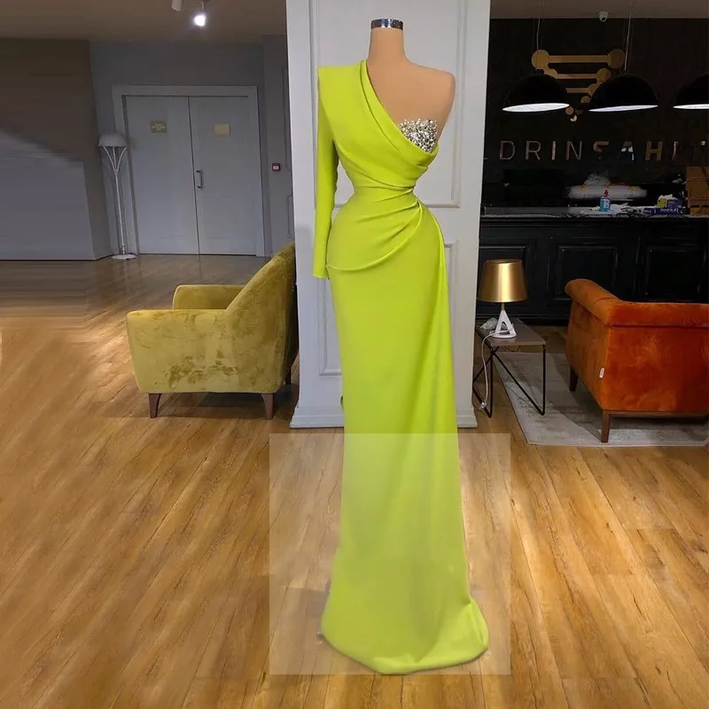 

Long Sleeve One Shoulder Green Mermaid Evening Dress 2021 Illusion Neck Beaded Formal Prom Gowns Vestido Sirena Largo