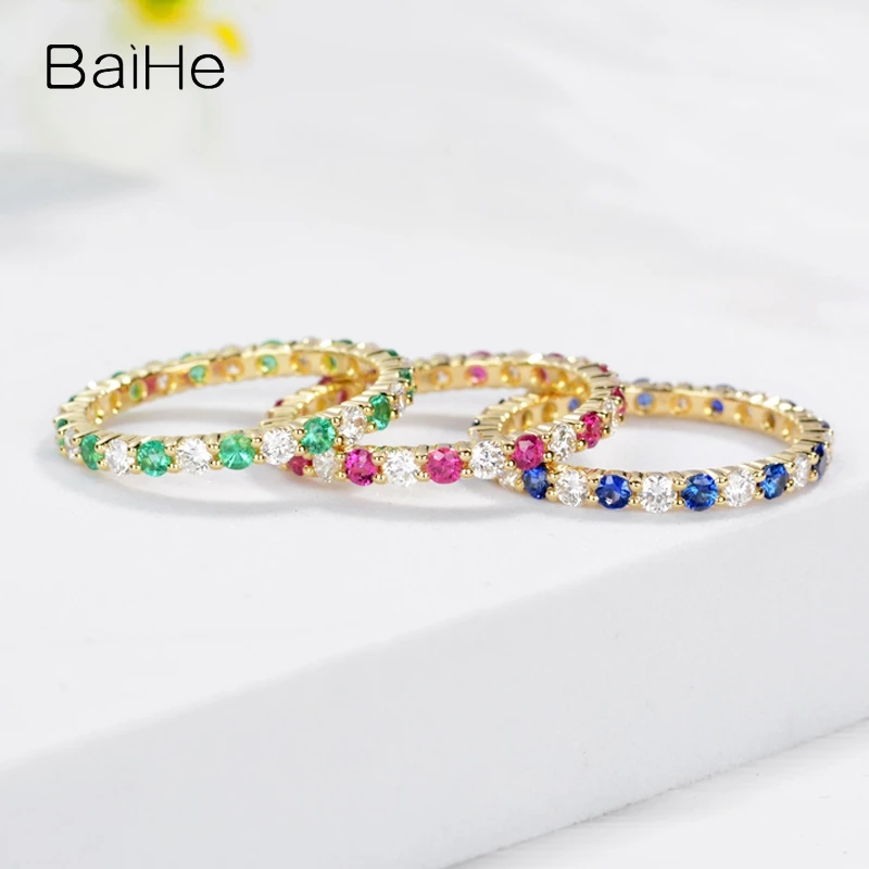 BAIHE Solid 14K Yellow Gold Natural Emerald/Ruby/Sapphire Diamond Ring Women Men Trendy Engagement Wedding Fine Jewelry Anillo