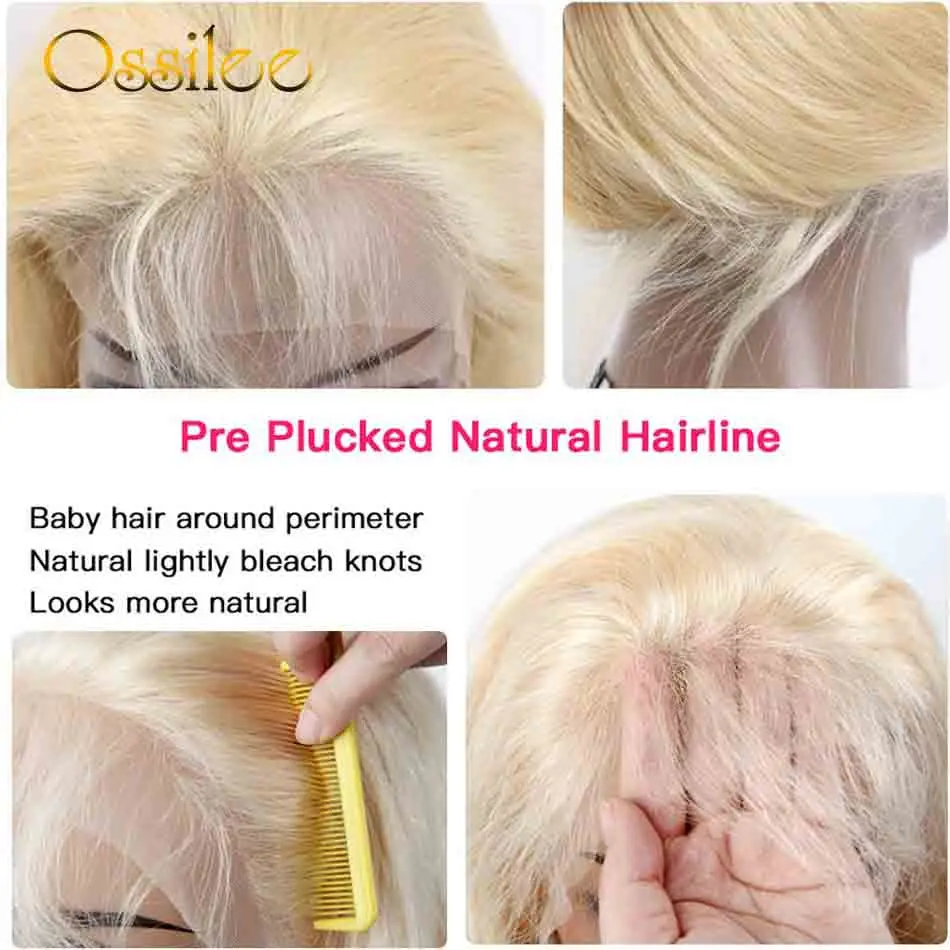 Ossilee-Perruque Lace Front Wig Remy brésilienne naturelle, cheveux lisses, blond 613, pre-plucked, transparente