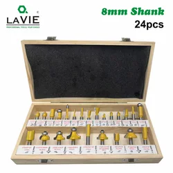 24PCS 8mm Shank DIY Woodworking Router Bits Set Milling Cutter For Wood Flush Straight Chamfer Trimming Engraving Tool MC02012