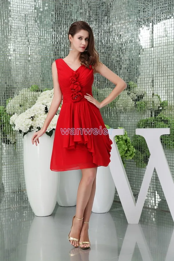 

free shipping 2016 new hot custom size short chiffon plus size bridal dress cap sleeve handmade flowers red Bridesmaid Dresses