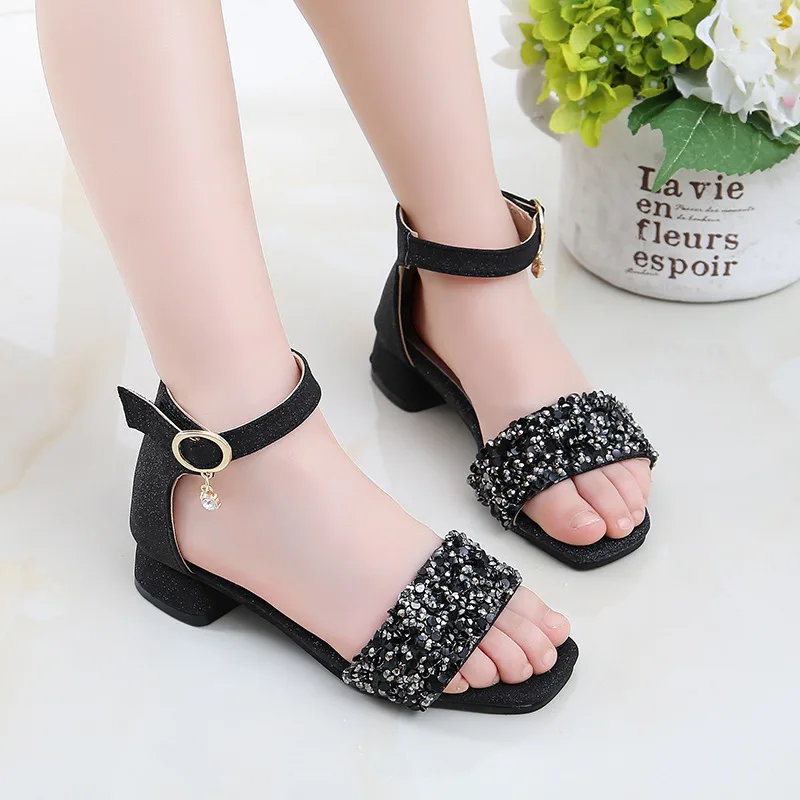 Teenagers little girls summer high-heeled rhinestone princess sandals for girls school wedding and party dance sandals shoes new