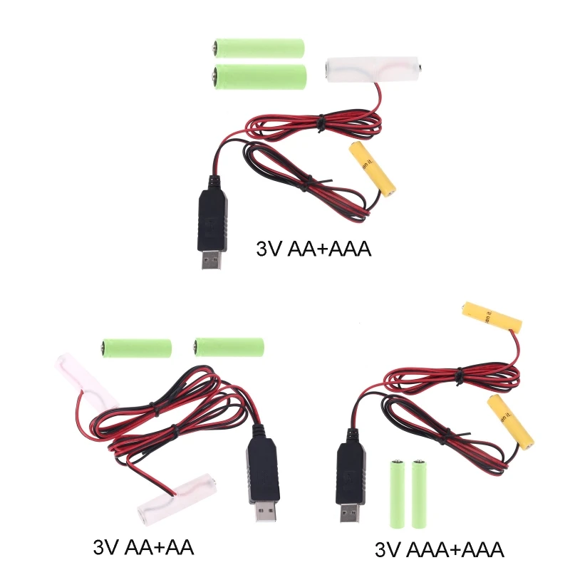 2in1 5V USB to 3V Dual LR6 LR03 Battery Power Supply Cable Replace 2x 1.5V AA AAA Battery Eliminator for LED Light Toys