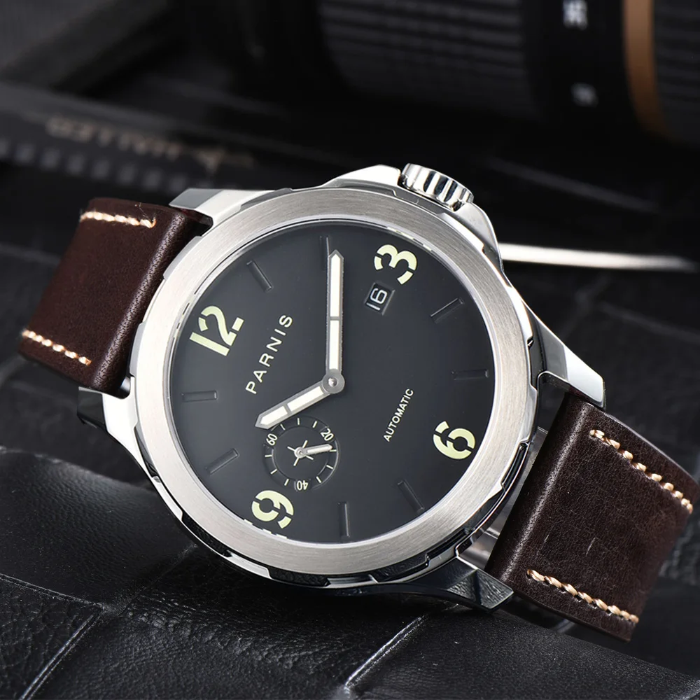 New Arrival Luxury Brand Mechanical Watches Parnis 44mm Casual Automatic Watch Men Sapphire 5Bar Leather Luminous reloj hombre