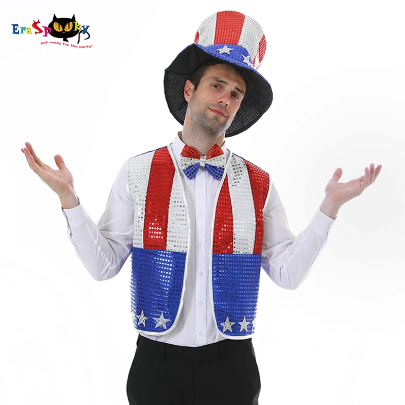 Eraspooky 4th Of July Celebrattion Patriotic Party Sequin Uncle Sam Costume Kit For Adult American Flag Vest Hat Bowtie