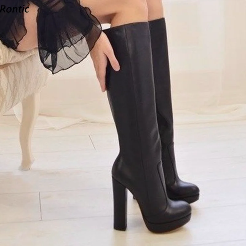 Rontic Women Winter Knee Boots Platform Stiff Faux Leather Block Heels Round Toe Elegant Black Party Shoes Ladies US Size 5-20