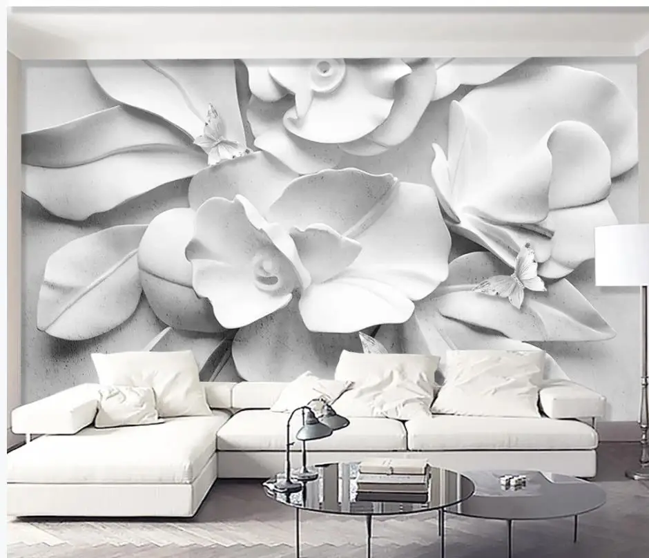 

Modern minimalistic atmosphere 3D embossed flower TV sofa background wall grey wallpapers