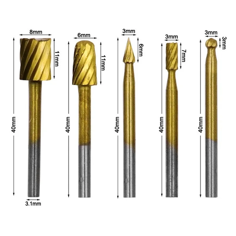 10Pcs Titanium Dremel Routing Wood Rotary Milling Rotary File Cutter Woodworking  Wood Stone Metal Root Carving Milling Cutter