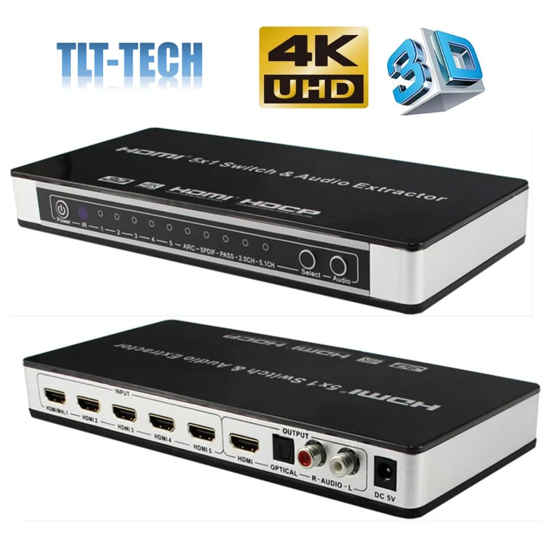 Extrator de áudio 4k x 2k @ 30hz, interruptor hdmi de 5 portas com controle remoto ir e adaptador de energia full hd 1080p