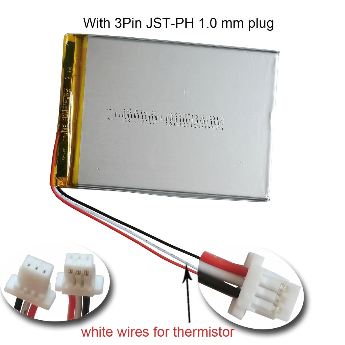 3.7V 3000mAh 11.1Wh Akumulator 3-przewodowy z termistorem litowym 4070100   Złącze JST 3pin 1.0 1,25 mm do tabletu GPS