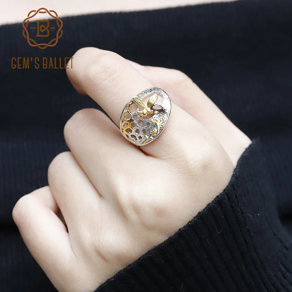 GEM'S BALLET 0.21Ct Natural Smoky Quartz Golden Honeycomb Ring 925 Sterling Silver Handmade Ring For Women Fine Jewelry