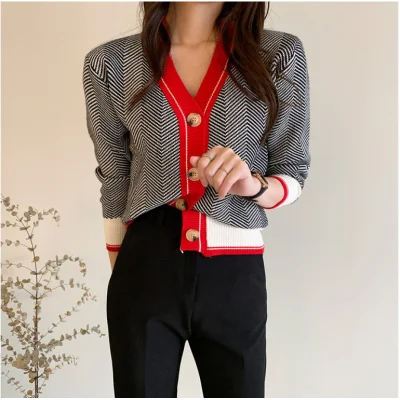 V-neck Single-breasted Korean Cardigan Sweater Women 2024 Autumn Winter Color-blocked Long Sleeve Fashion Elegant Ladies Tops