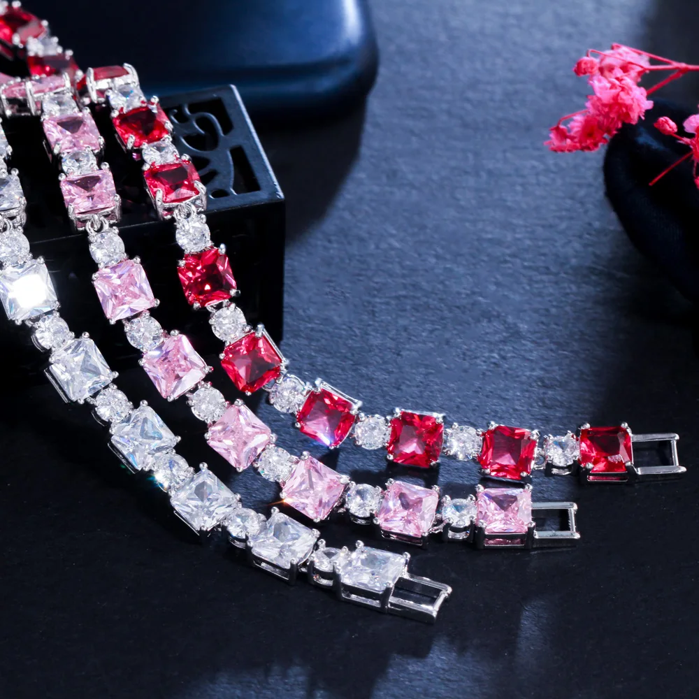 CWWZircons Gorgeous Pink Cubic Zirconia Square Tennis Chain Bracelet for Women Luxury Wedding Party Jewelry Accessories CB276