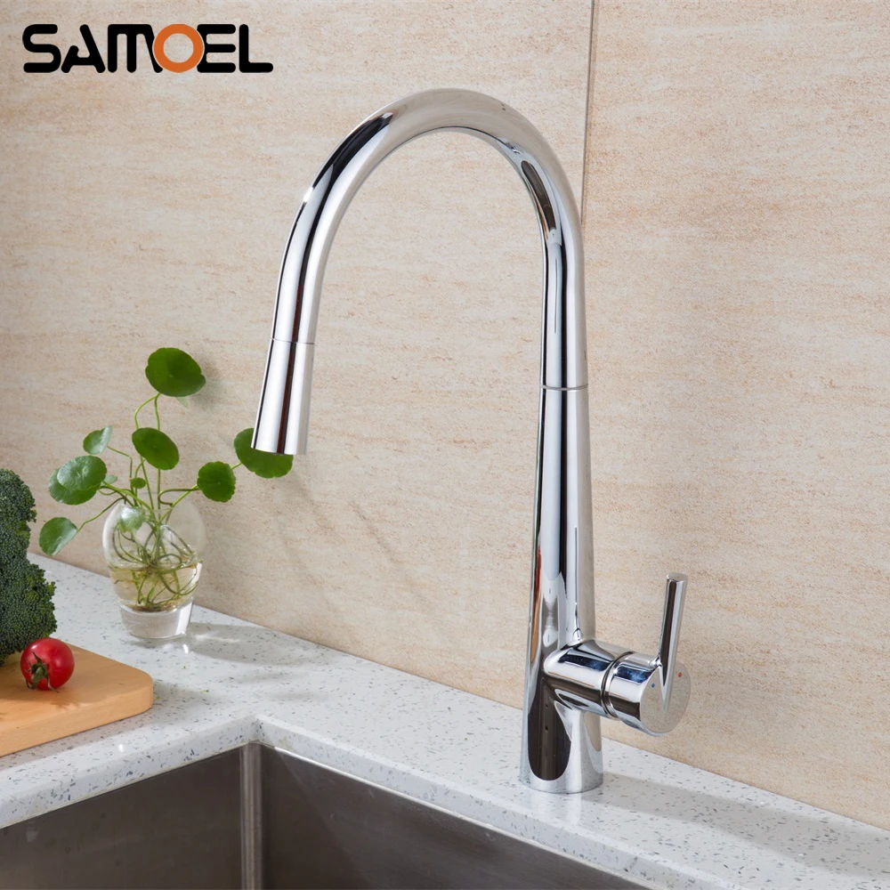 Modern Brass Single Holder Pull out Kitchen Sink Faucet Mixer Chrome Kitchen Cold Hot Water Tap смеситель для кухни 1233C