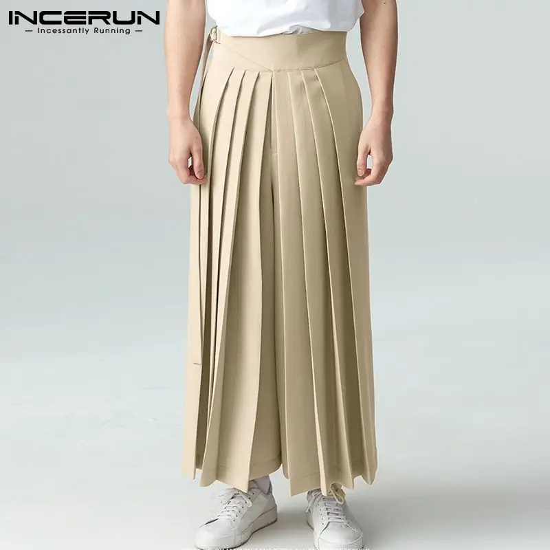 INCERUN Stylish Men Pleated Wide Leg Pantalons Male Solid All-match Trousers Party Nightclub High Waist Long Pant Culottes S-5XL