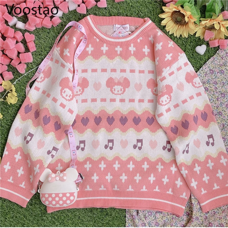 Jersey de punto de Lolita para mujer, suéter femenino holgado de punto con diseño de oso de fresa, estilo japonés, Kawaii, Otoño e Invierno
