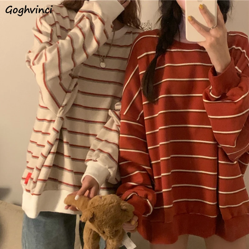 Long Sleeve T-shirts Women Spring O-neck Striped All-match Simple Korean Style Fashion Womens Tops Loose Streetwear Autumn Retro