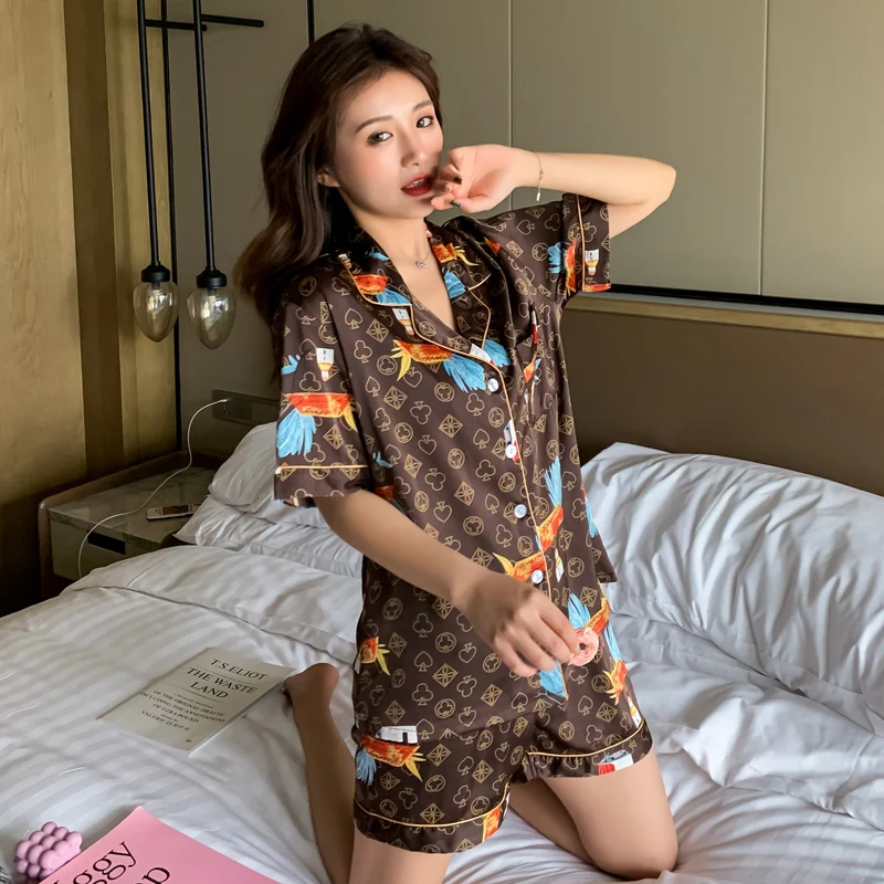 Women's Pajamas Set Luxury Style Fashion Poker Pattern Short Sleeve Couple Sleepwear Silk Like Leisure Home Clothes Nightwear