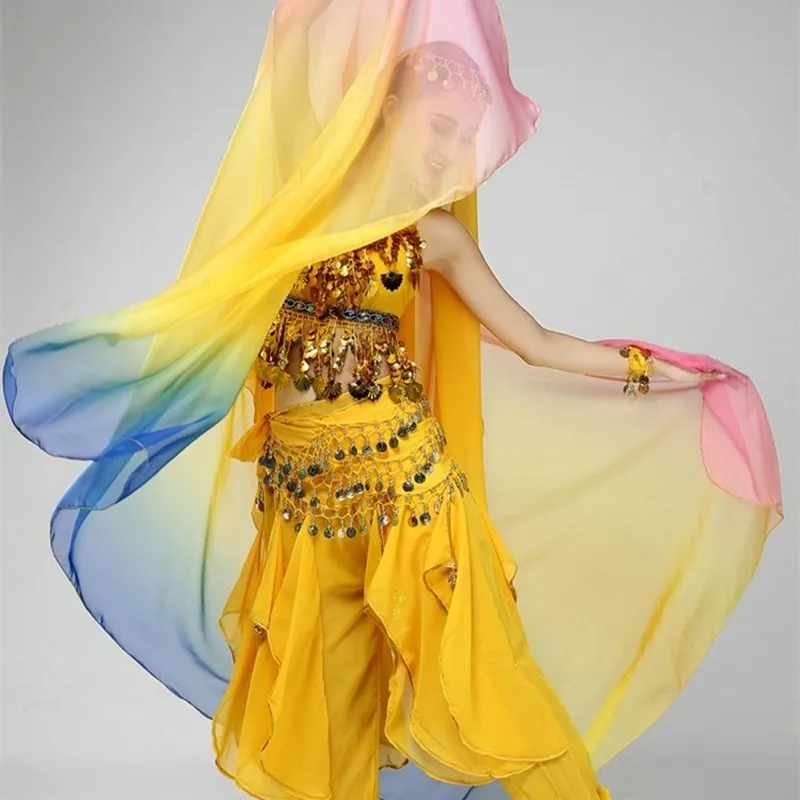 Cheap Belly Dance Chiffon Veils Scarf 220CM 250CM 270CM Women Dancer Hand Throw Scarves With Trim Gradient Color