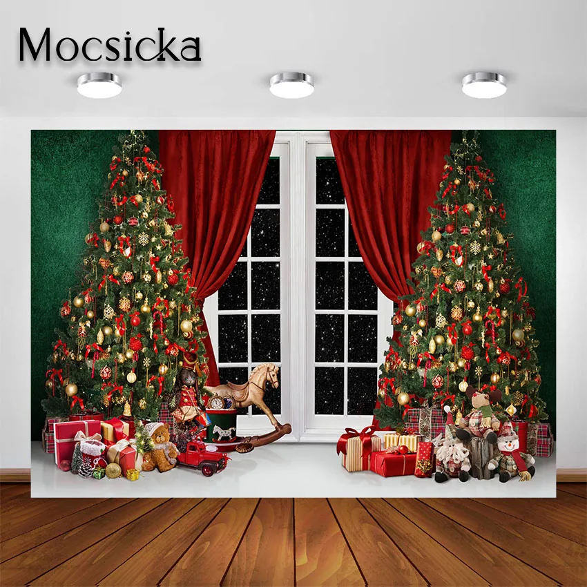 Mocsicka Indoor Christmas Photography Backdrops Christmas Tree Window Cabin Photo Background for Children Portrait Photoshoot