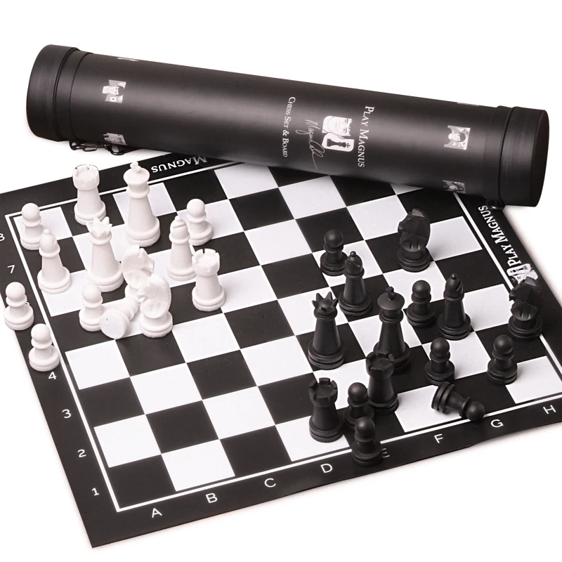

High Quality Plastic Chess Game Leather Chessboard Black And White Chess Pieces Features Chess Set with Cylinder I161