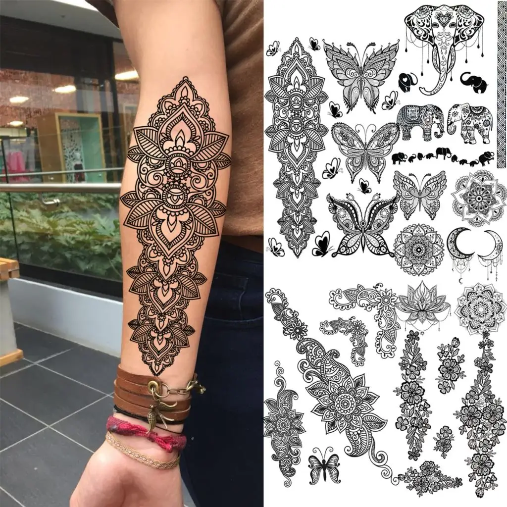 3D Black Henna Arm Sleeve Butterfly Temporary Tattoos For Women Adult Hena Elephant Fake Tattoos Waterproof Body Art Tatoos