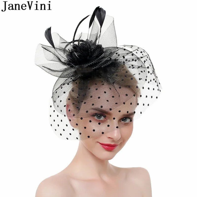 JaneVini ślub Haarschmuck biały Fascinator z kwiatami i piórami kapelusz ślubny z welonem krótki 2021 niebieski kapelusze ślubne dla kobiet elegancki