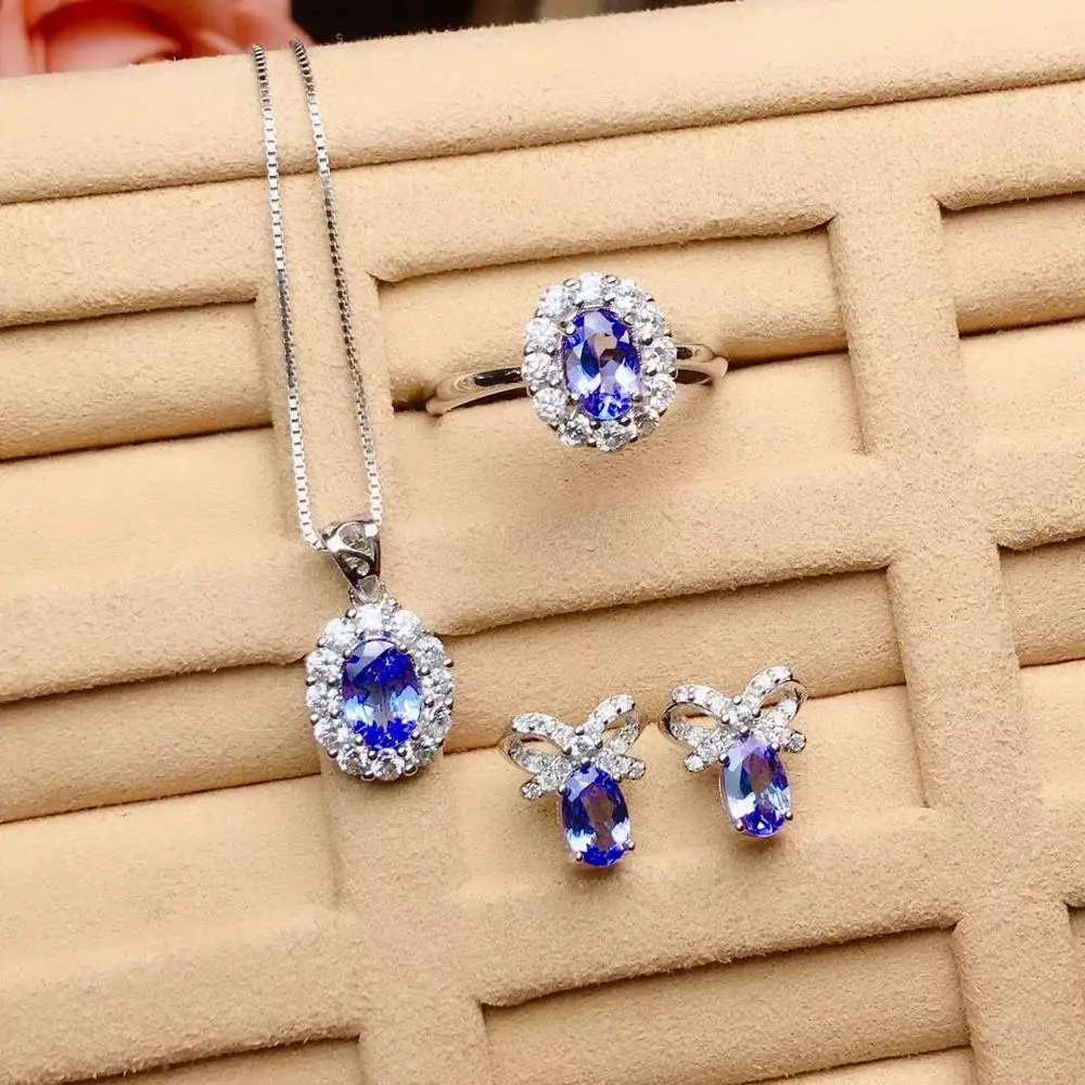 

Real Natural Tanzanite jewelry set Natural Real Tanzanite 925 sterling silver 1pc pendant,1pc ring,2pcs Earring