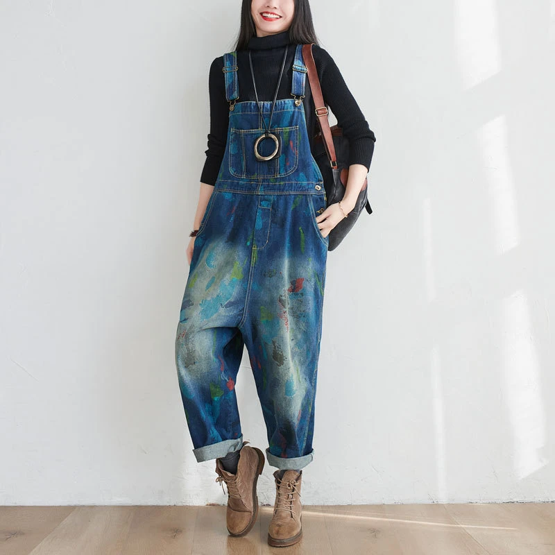 

Denim Jumpsuit Women Loose Wide Leg cowboy Rompers Spring Autumn Baggy Streetwear Korean Style Suspenders Drop Crotch jeans