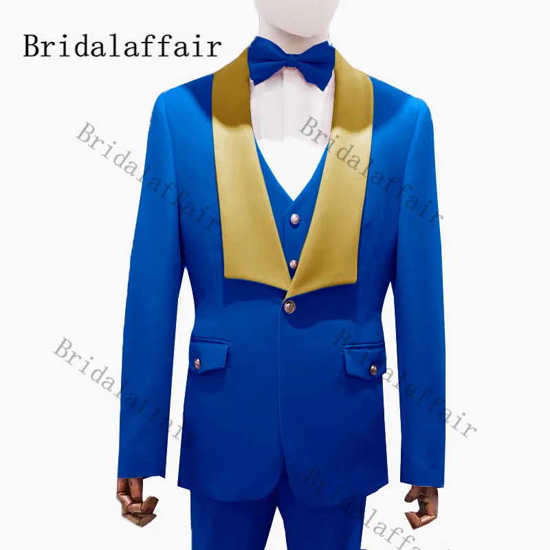 

Bridalaffair Men's Royal Blue Suits 3 piece Blazer Vest Pant Set Costume Homme Casual Wedding Party Tuxedo Suit for Men Tailored